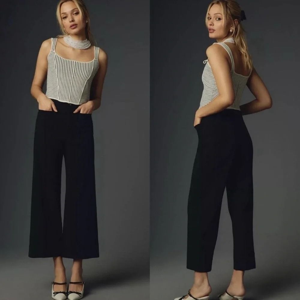 Maeve Anthropologie Colette Black Wide Leg Crop Soft Smooth Dress Pants Office29